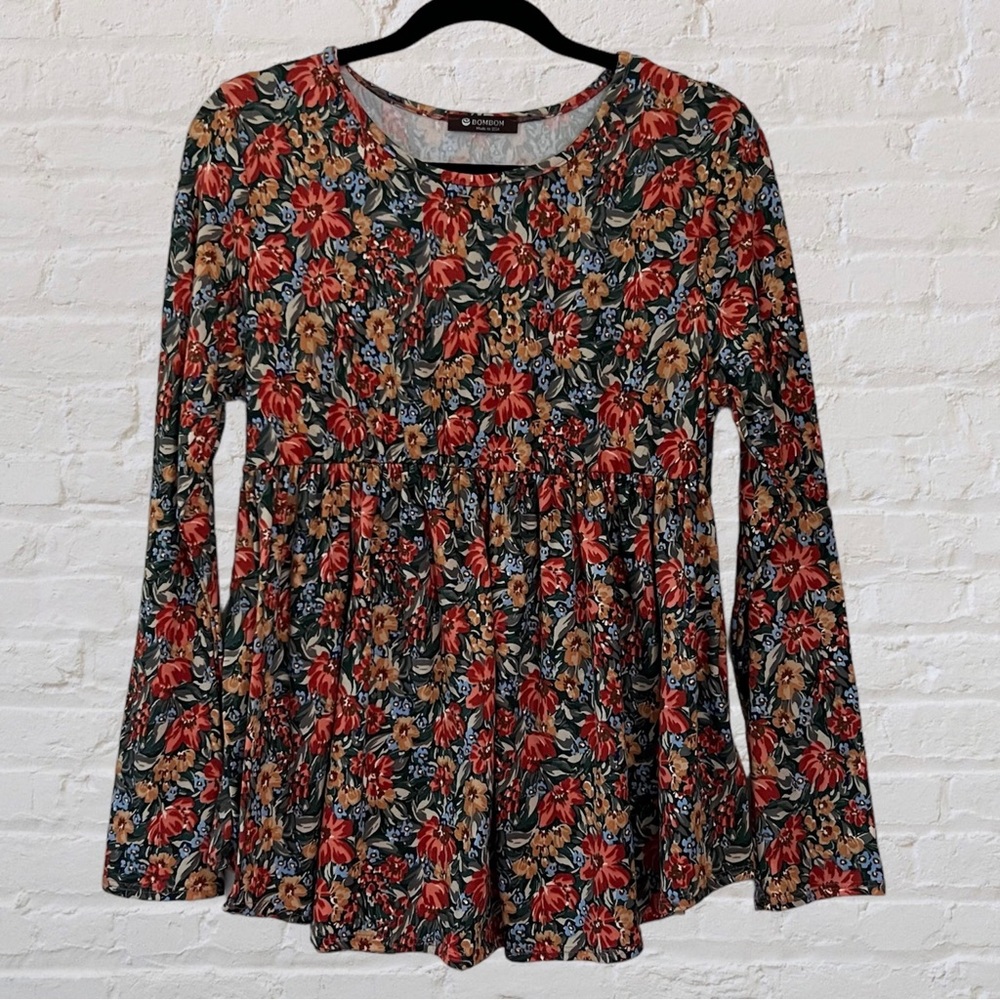 BomBom Floral Long Sleeve Top Large (fits like Medium) Like New Fall Colors